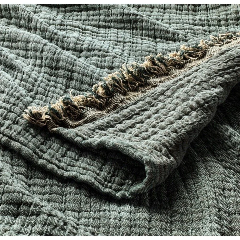 King + Reversible Textured Cotton Chambray Coverlet Dark Teal Blue - Casaluna
